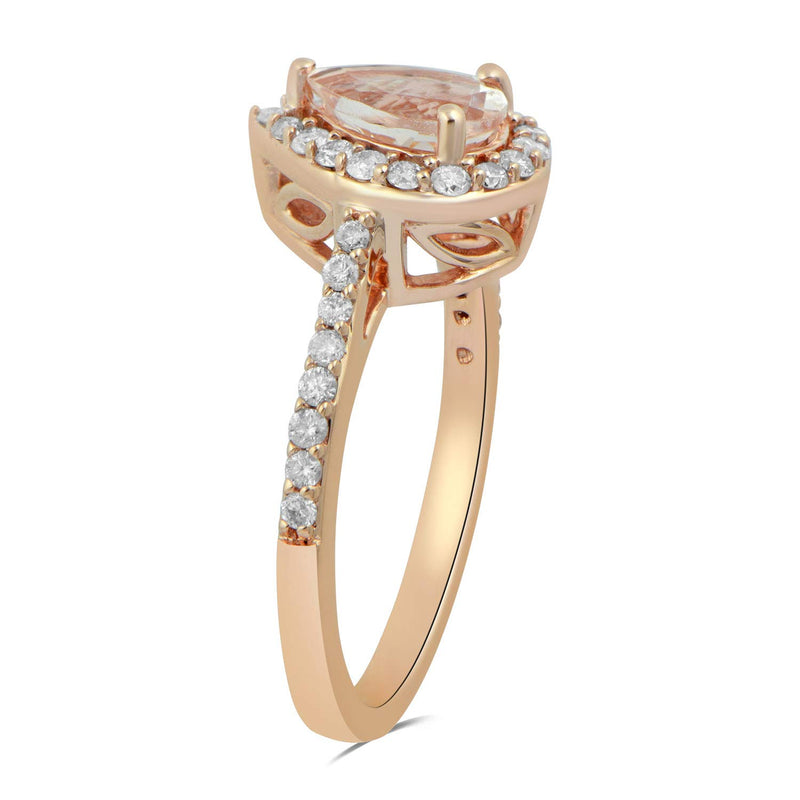 Jewelili 10K Rose Gold With Morganite and 1/3 CTTW Natural White Diamond Teardrop Ring