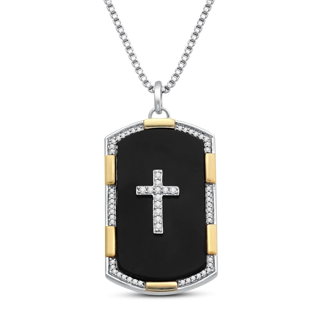 Jewelili Yellow Gold Over Sterling Silver With 27x15MM Special Cut Black Onyx and 1/5 CTTW Natural White Round Diamonds Men's Dog Tags Cross Pendant Necklace, 18