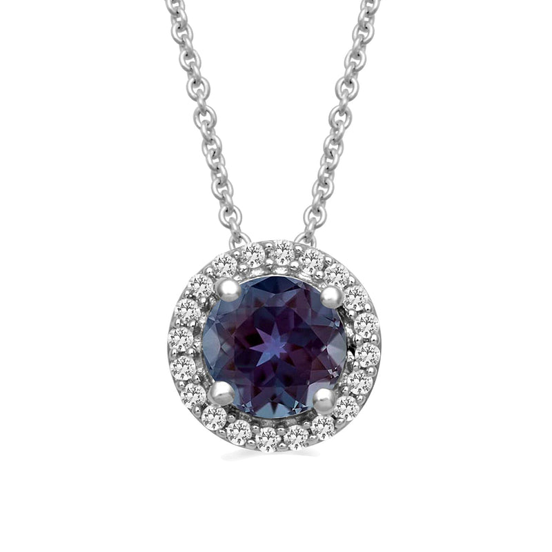 Jewelili Sterling Silver with Created Alexandrite and Created White Sapphire Halo Pendant Necklace