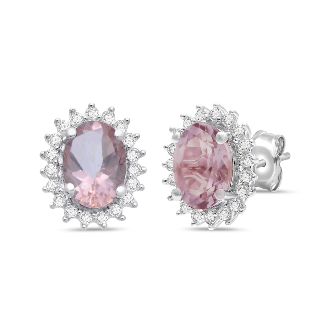 Jewelili Sterling Silver Oval Cut Morganite and Round Created White Sapphire Stud Earrings