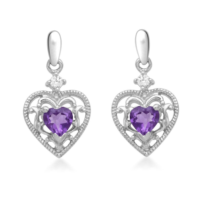 Jewelili Sterling Silver with Heart Amethyst and White Cubic Zirconia Filigree Dangle Earrings