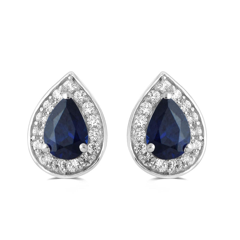 Jewelili Teardrop Drop Earrings with Created Blue Sapphire and Created White Sapphire in Sterling Silver View 2