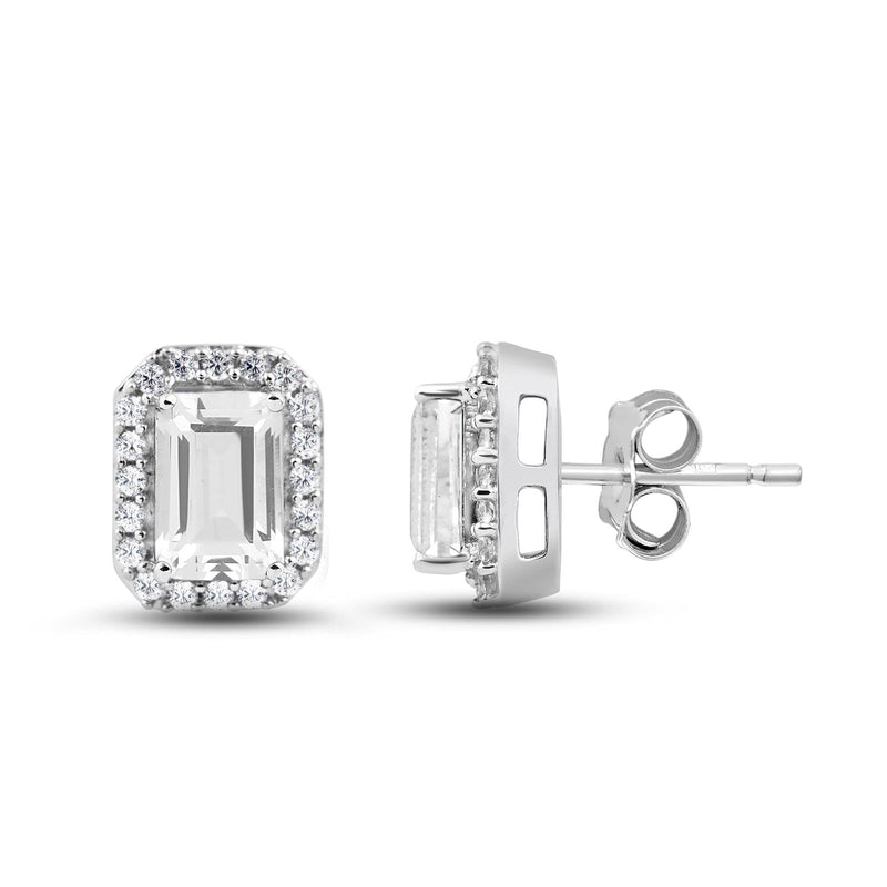 Jewelili Stud Earrings with Octagon Shape and Round Shape Created White Sapphire in Sterling Silver View 1