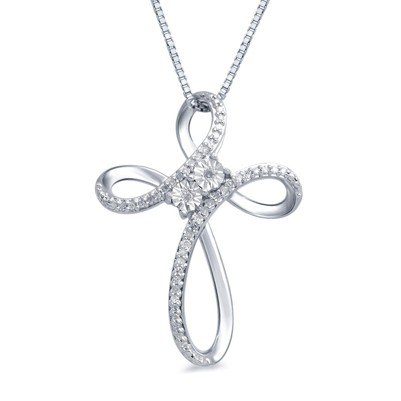 Jewelili Sterling Silver with 1/10 CTTW Natural White Diamonds Cross Pendant Necklace
