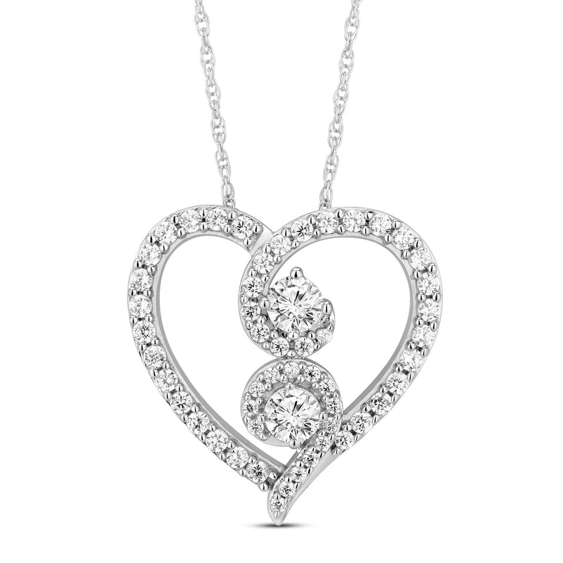 Jewelili 10K White Gold With 3/4 CTTW Natural White Diamond Heart Pendant Necklace