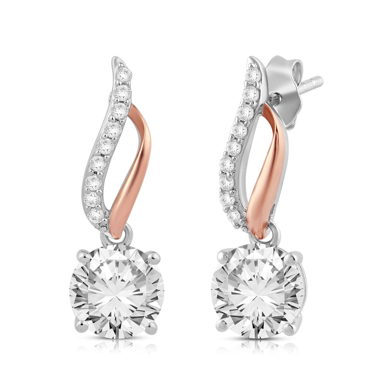 Jewelili Dangle Earrings with Created White Sapphire in 14K Rose Gold over Sterling Silver 