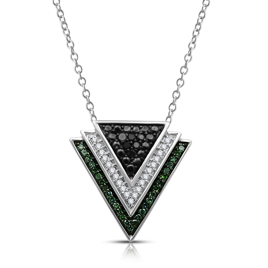 Jewelili Triangle Pendant Necklace with Treated Black, Green and Natural White Round Diamonds in Sterling Silver 1/6 CTTW View 1