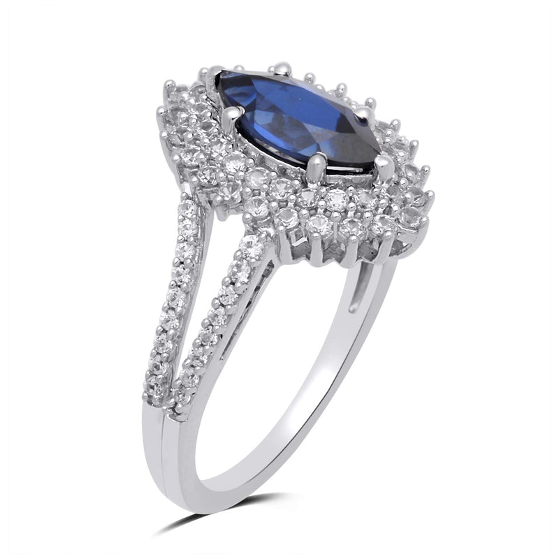 Jewelili Cocktail Ring with Marquise Created Ceylon Sapphire and Round Created White Sapphire in Sterling Silver View 2
