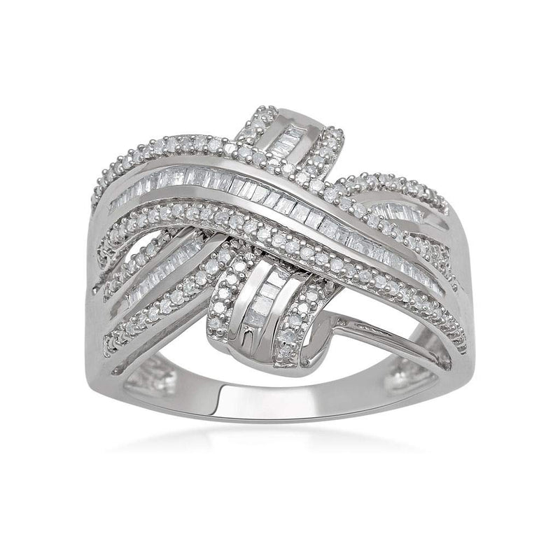 Jewelili Sterling Silver With 1/2 CTTW Baguettes and Round Diamonds Ring