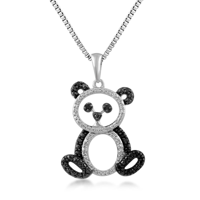 Jewelili Baby Panda Pendant Necklace with Treated Black and Natural White Round Shape Diamonds in Sterling Silver 1/10 CTTW 