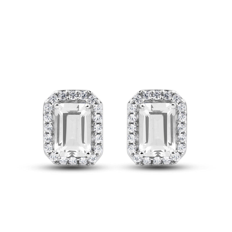 Jewelili Stud Earrings with Octagon Shape and Round Shape Created White Sapphire in Sterling Silver View 2