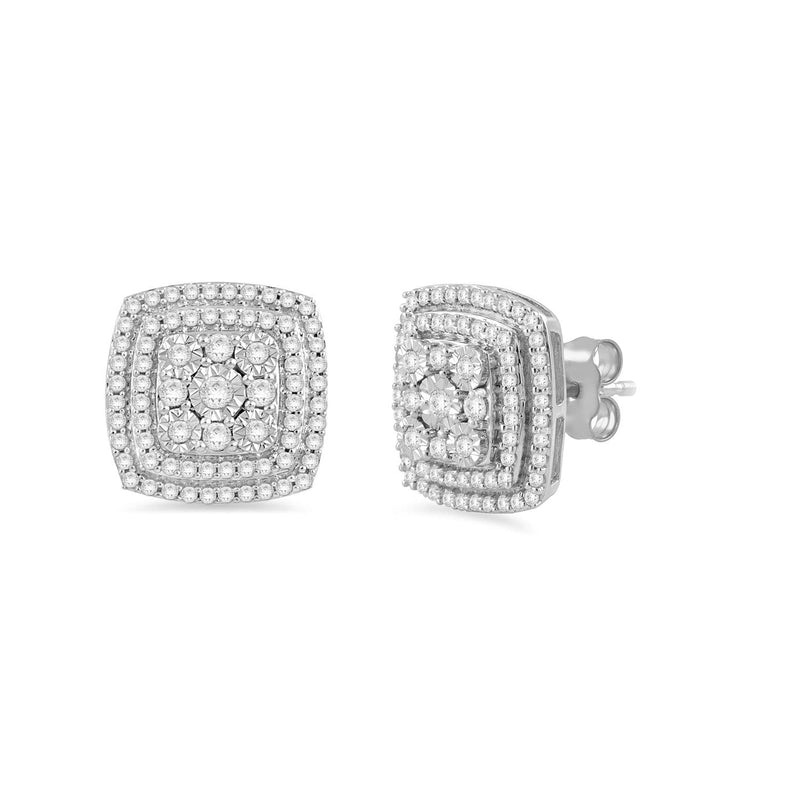 Jewelili Square Shape Stud Earrings with Natural White Diamond in Sterling Silver 1/2 CTTW View 1