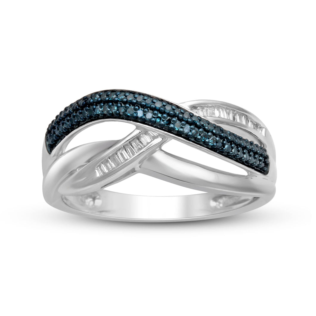 Jewelili Sterling Silver With 1/6 CTTW Treated Blue Diamonds and Natural White Diamonds Criss Cross Ring