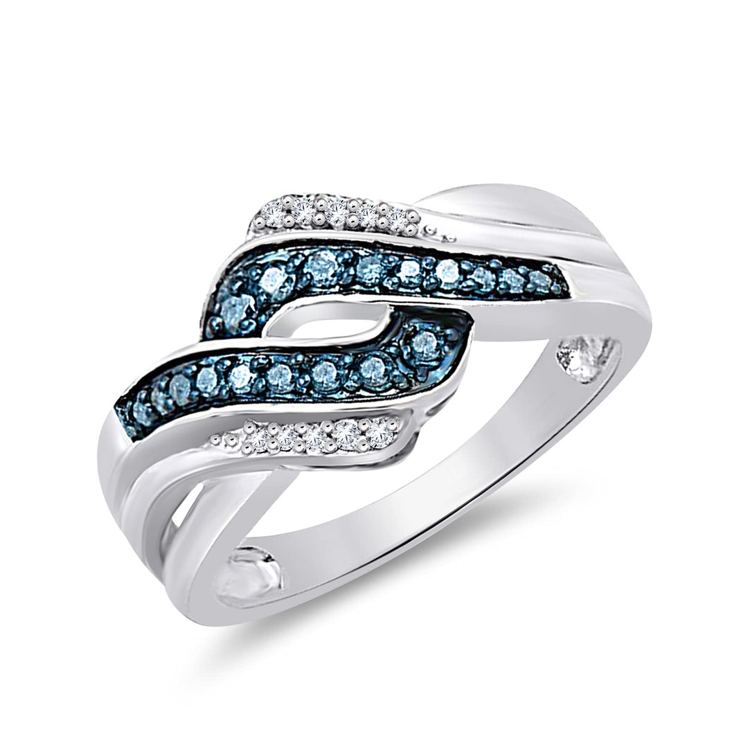 Jewelili Sterling Silver with 1/4 CTTW Treated Blue Diamond and Natural White Round Diamonds Ring