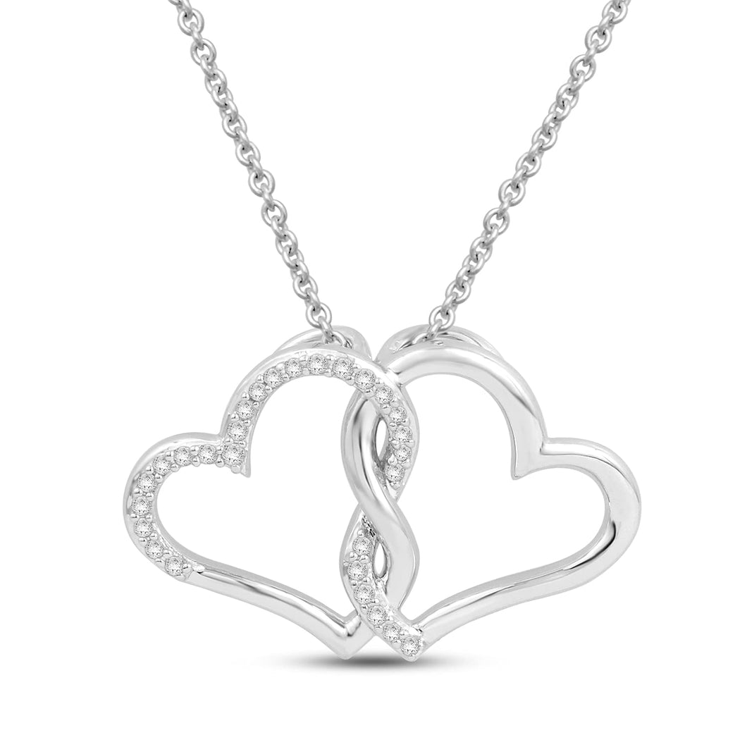 Jewelili Intertwined Double Heart Pendant Necklace with Natural White Round Diamonds in Sterling Silver View 1