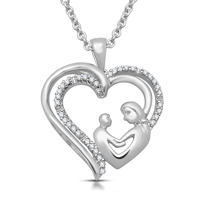 Jewelili Sterling Silver With 1/10 CTTW Natural White Diamonds Mother and Child Heart Pendant Necklace