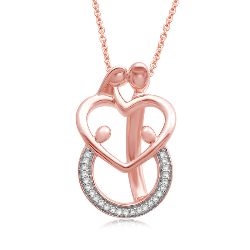 Jewelili Parents with Two Children Pendant Necklace with Diamonds in 14K Rose Gold over Sterling Silver 1/10 CTTW View 1