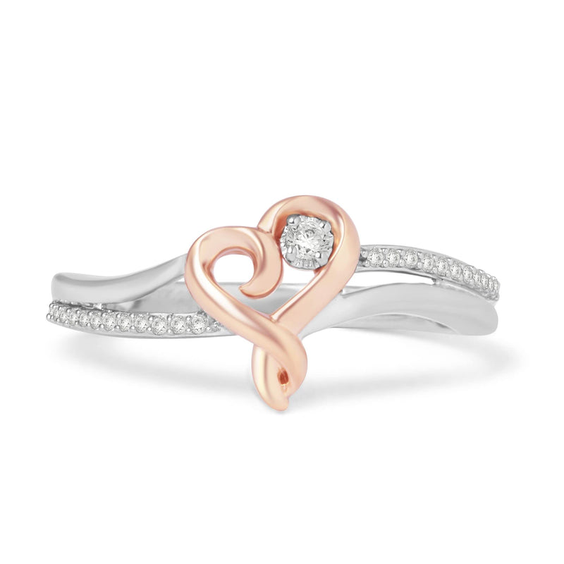 Jewelili Heart Ring with Natural White Diamonds in Rose Gold over Sterling Silver 1/10 CTTW View 2