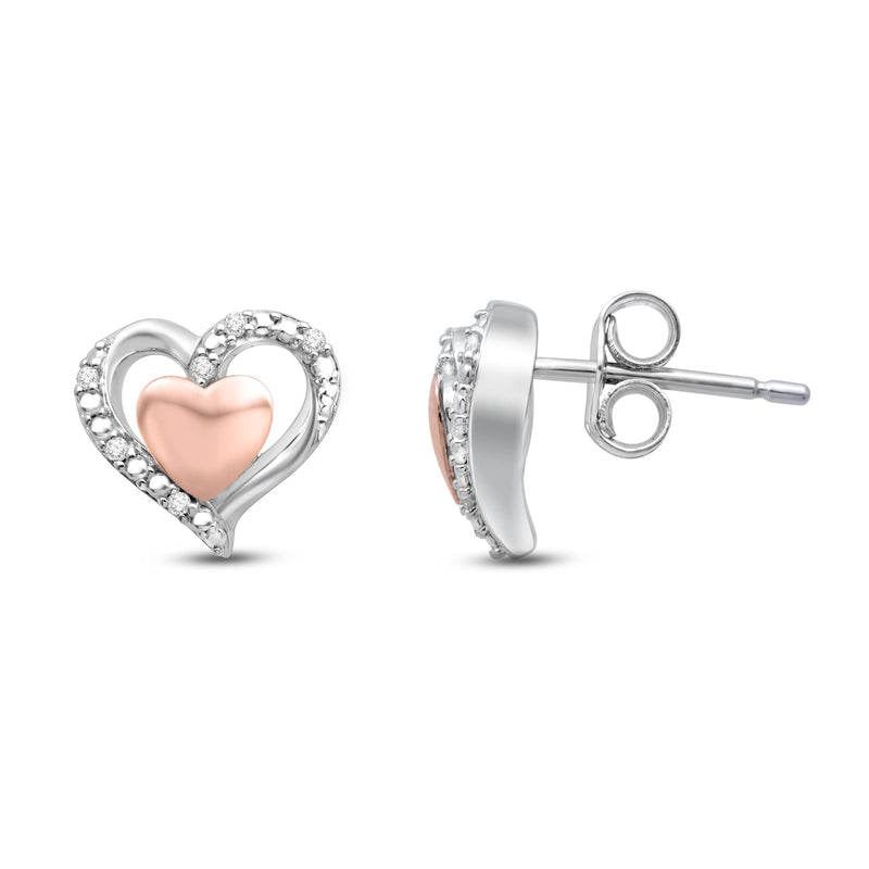 Jewelili Heart Stud Earrings with Natural White Diamond Accent in 10K Rose Gold over Sterling Silver View 4