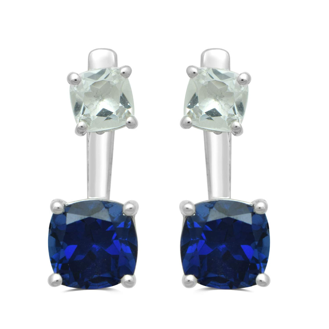 Jewelili Sterling Silver With Cushion Created Blue Sapphire and Created White Sapphire Drop Fashion Earrings