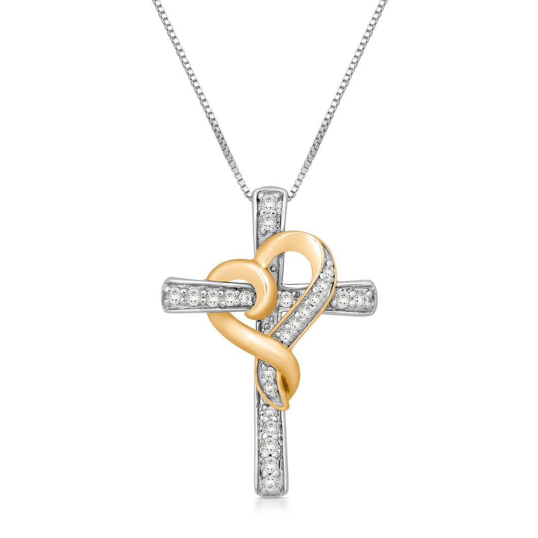 Jewelili Heart Cross Pendant Necklace with Natural White Round Diamonds in Yellow Gold over Sterling Silver 1/4 CTTW View 1