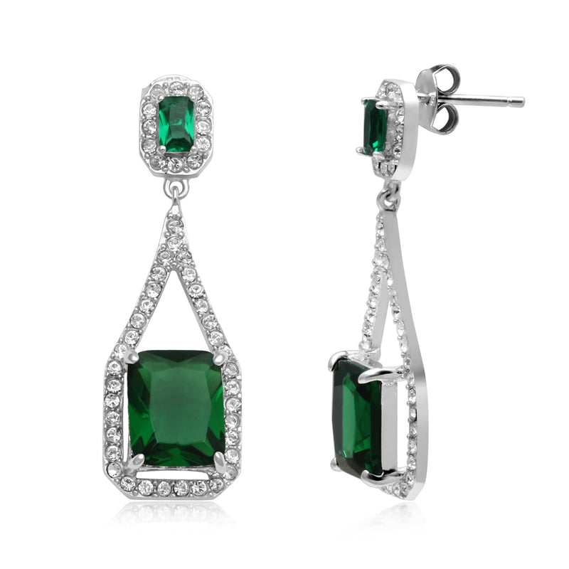 Jewelili Long Dangle Earrings with Octagon Simulated Green Glass Emerald and Clear Crystal in Sterling Silver View 1