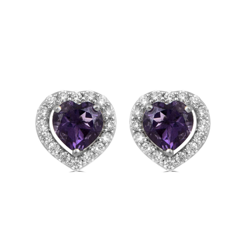 Jewelili Sterling Silver Over Brass with Heart Shape Amethyst and Round Cubic Zirconia Jewelry Set
