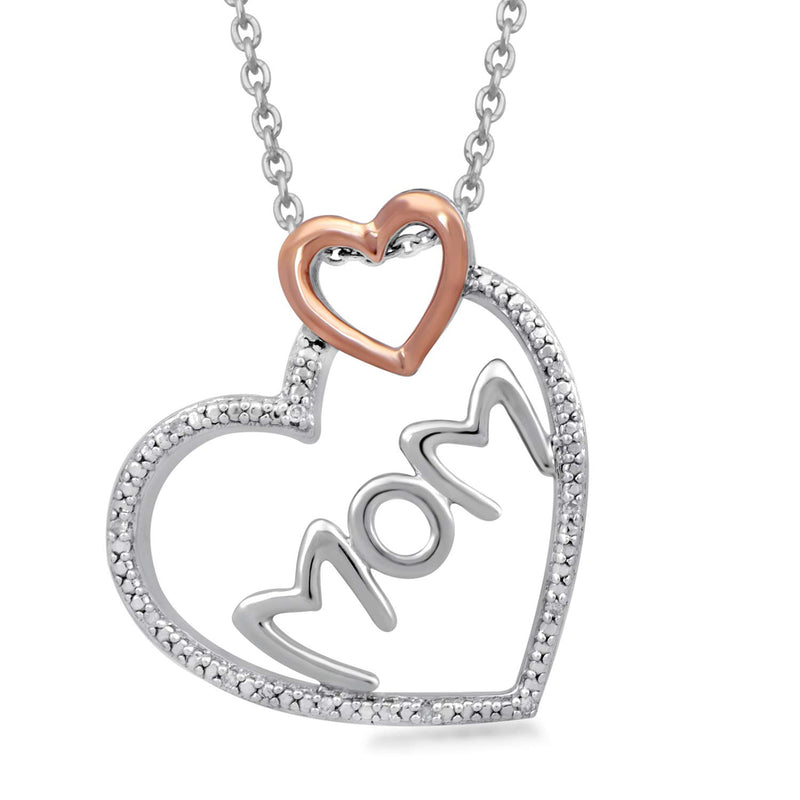 Jewelili 10K Rose Gold and Sterling Silver With Natural White Diamonds Heart Mom Pendant Necklace