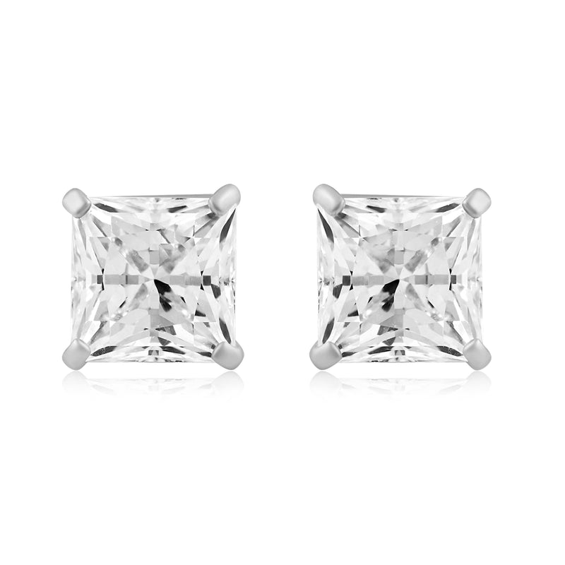 Jewelili Stud Earrings with Princess Shape Cubic Zirconia in 10K White Gold View 3