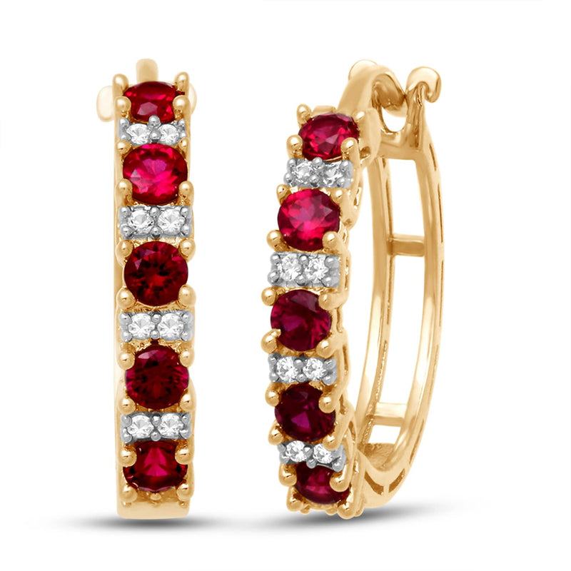 Jewelili Hoop Earrings with Created Ruby and Created White Sapphire in 18K Yellow Gold Over Sterling Silver view 1