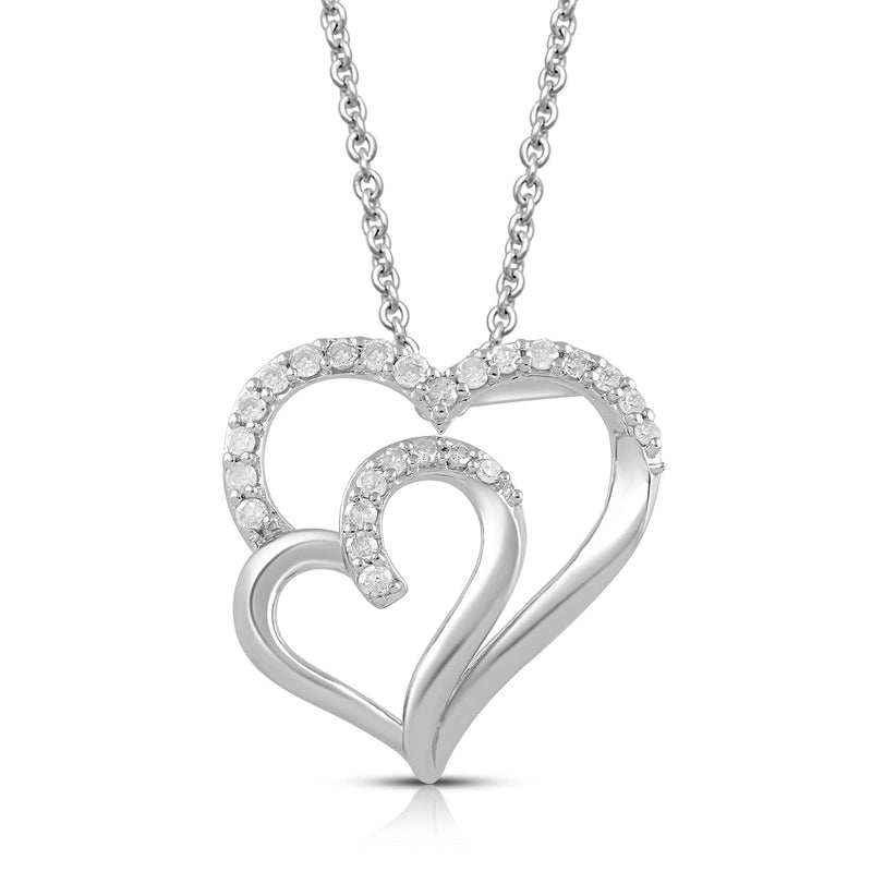 Jewelili Sterling Silver with 1/4 CTTW Natural White Diamonds Double Heart Pendant Necklace
