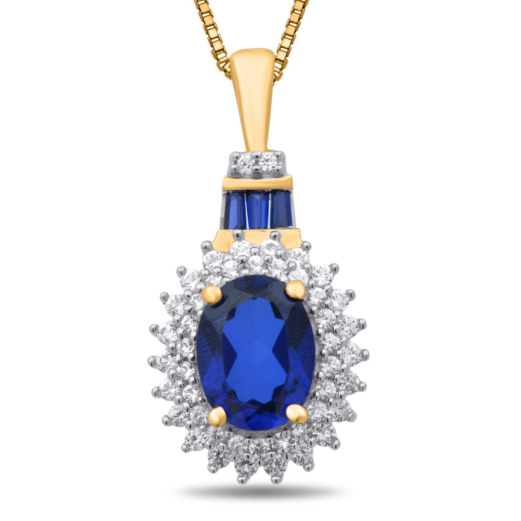 Jewelili Yellow Gold Over Sterling Silver With Created Blue Sapphire and Created White Sapphire Pendant Necklace