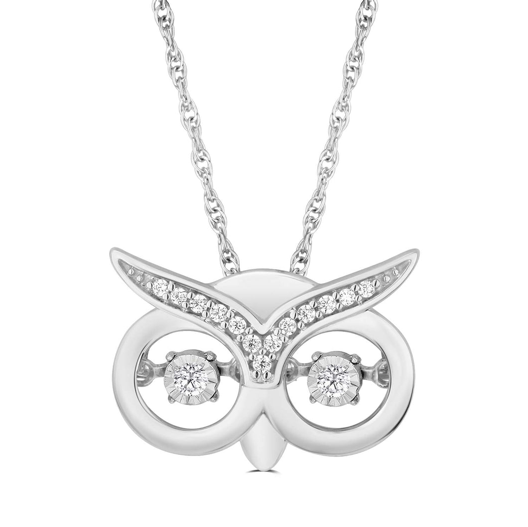 Jewelili Sterling Silver With 1/10 CTTW Natural White Round Diamonds Owl Pendant Necklace