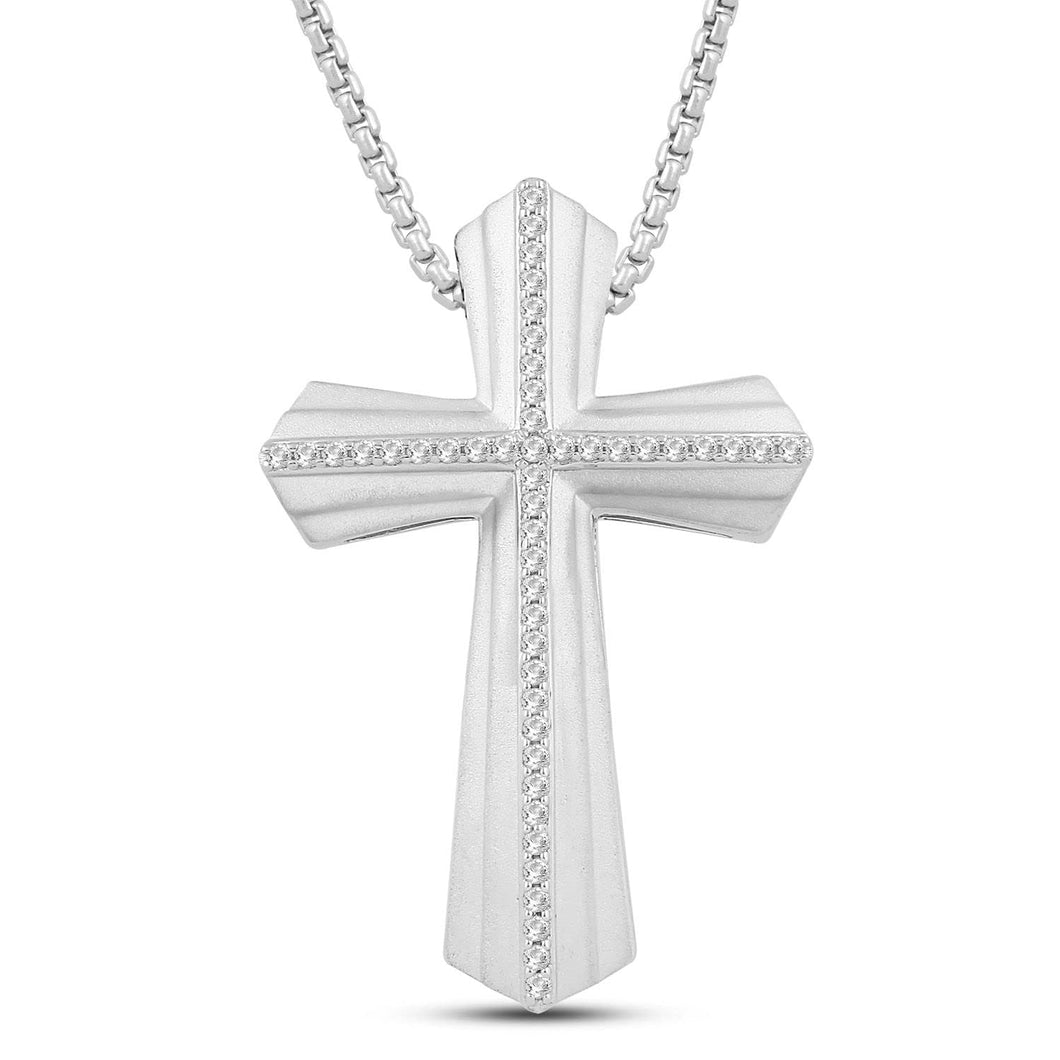 Jewelili Sterling Silver With 1/4 Cttw Natural White Round Diamond Mens Cross Pendant Necklace