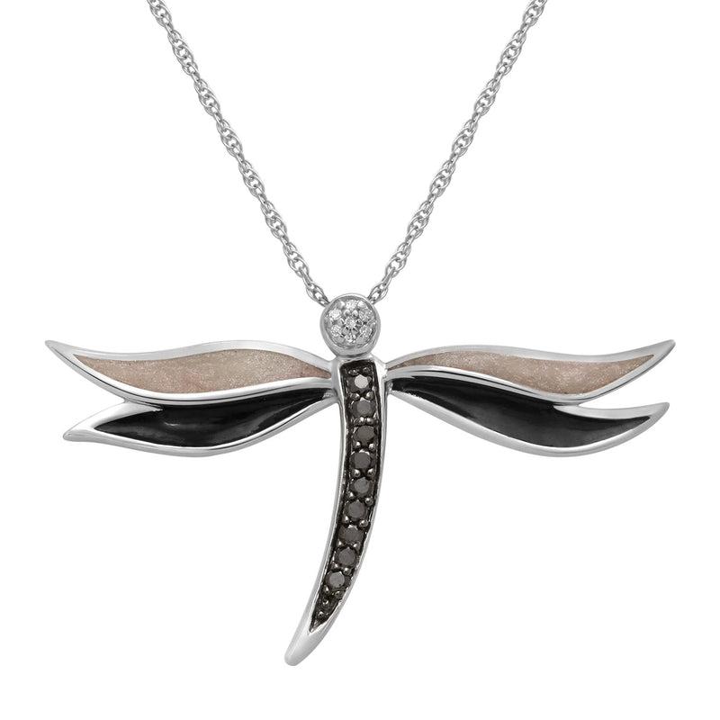 Jewelili Dragonfly Pendant Necklace with Treated Black and Natural White Diamonds in Sterling Silver 1/6 CTTW View 1