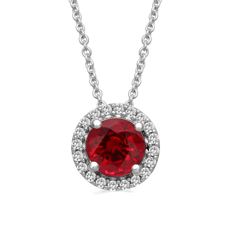 Jewelili Sterling Silver with Created Ruby and Created White Sapphire Halo Pendant Necklace