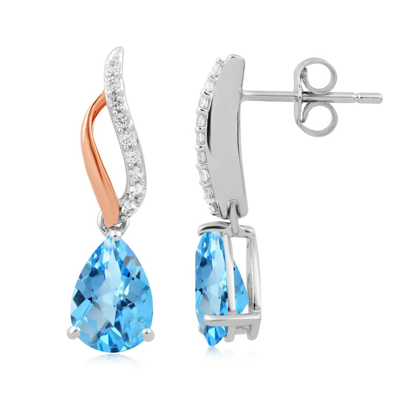 Jewelili Teardrop Drop Earrings with Swiss Blue Topaz and Created White Sapphire in Rose Gold over Sterling Silver View 3