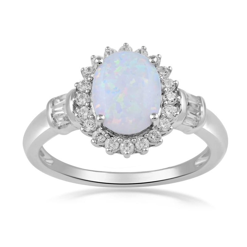 Jewelili Sterling Silver with Created Opal and Created White Sapphire Halo Engagement Ring