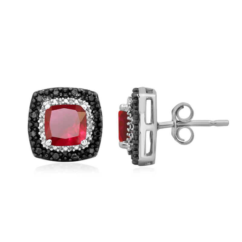 Jewelili Stud Earrings with Created Ruby, Treated Black Diamonds and White Diamonds in Sterling Silver View 4