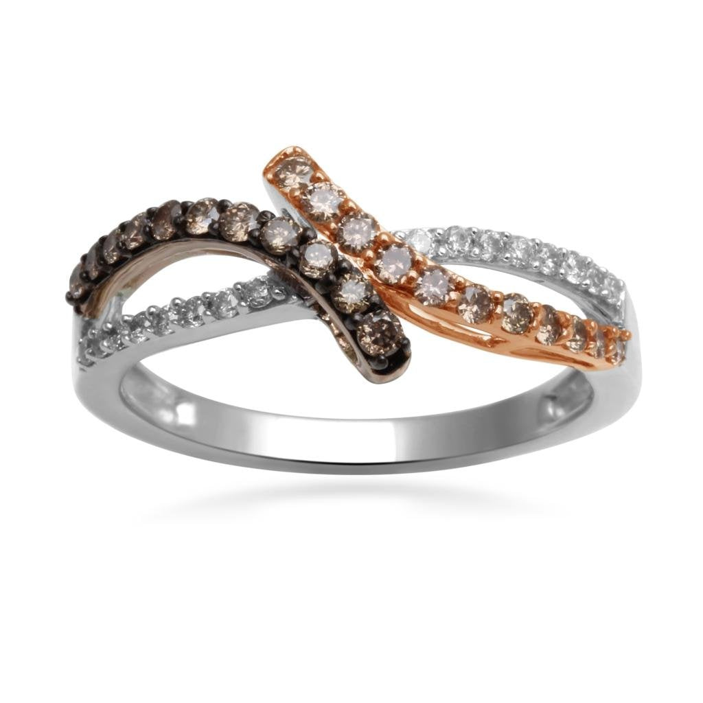 Jewelili 10K White Gold and Rose Gold With 1/2 Cttw Champagne and Natural White Diamonds Fashion Ring