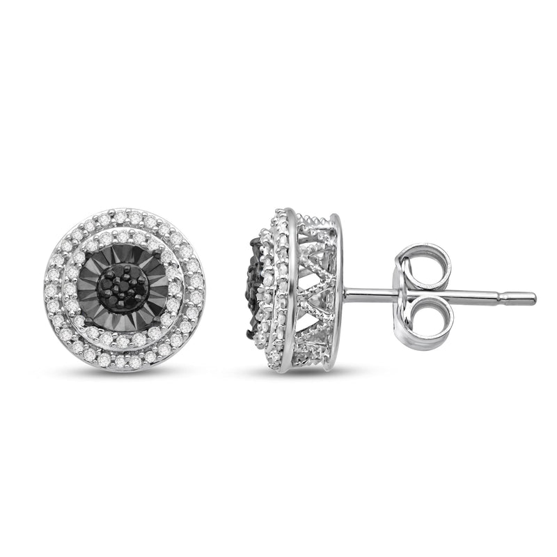Jewelili Double Halo Stud Earrings with Round Treated Black Diamonds and White Diamonds in Sterling Silver 1/4 CTTW View 4