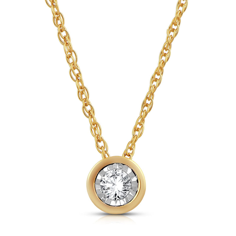 Jewelili 10K Yellow Gold With 1/10 CTTW Natural White Diamond Solitaire Pendant Necklace