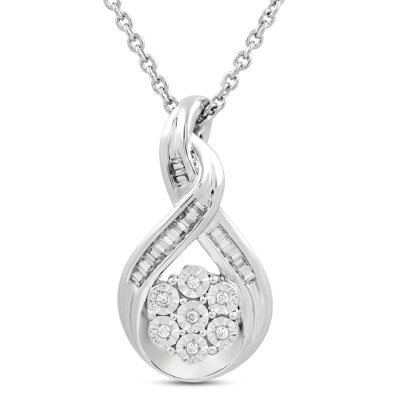 Jewelili Twisted Pendant Necklace with Natural Round and Baguette Shape Diamonds in Sterling Silver 1/10 CTTW 