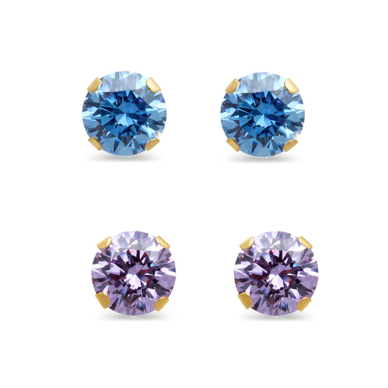 Jewelili Stud Earrings with Round Cut Lavender and Blue Cubic Zirconia in 10K Yellow Gold View 3