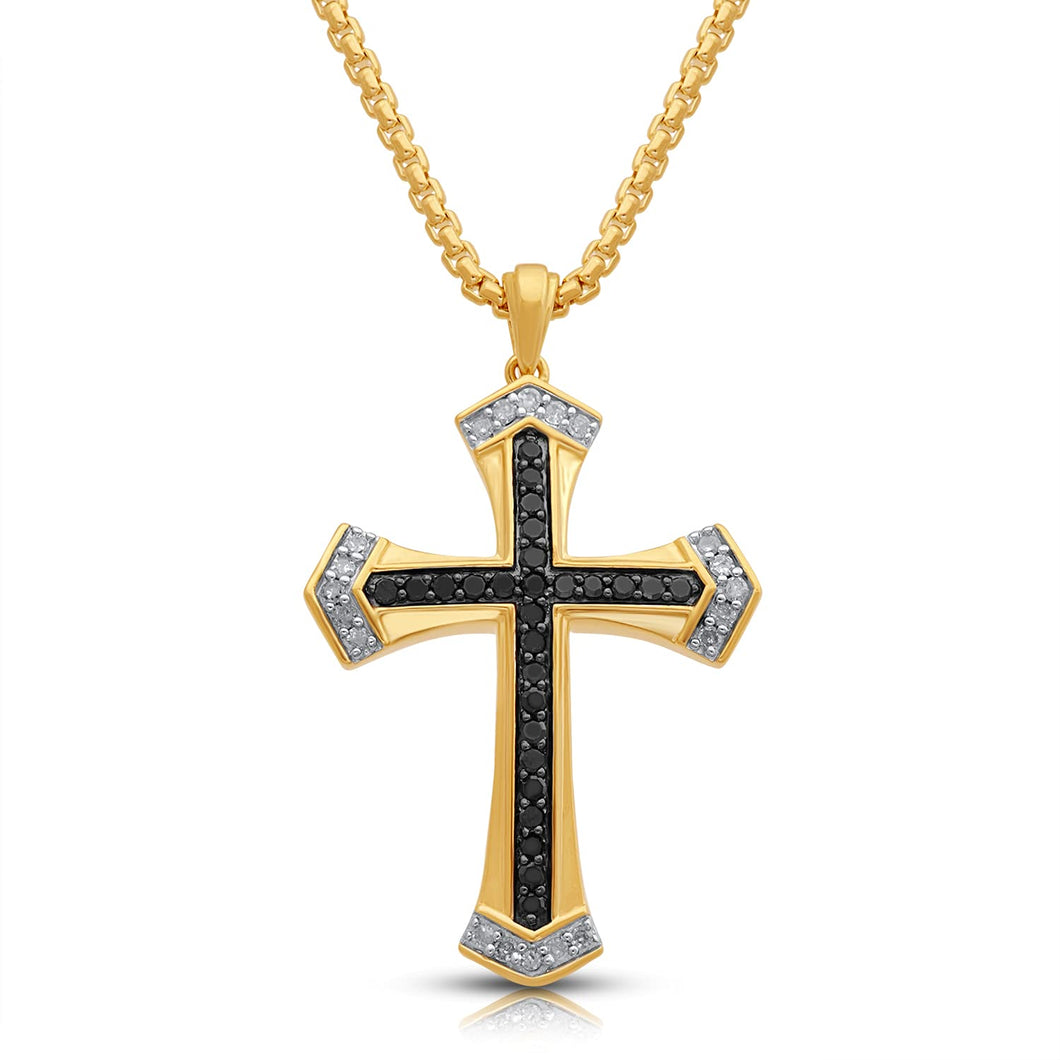 Jewelili 14K Yellow Gold over Sterling Silver Black Rhodium With 1/2 CTTW Treated Black Diamonds and Natural White Round Diamonds Men's Cross Pendant Necklace