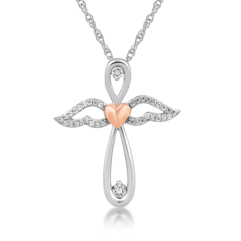 Jewelili Angel Wing Cross Pendant Necklace with Natural White Diamonds in 14K Rose Gold over Sterling Silver 1/10 CTTW View 1