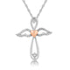 Load image into Gallery viewer, Jewelili Angel Wing Cross Pendant Necklace with Natural White Diamonds in 14K Rose Gold over Sterling Silver 1/10 CTTW View 1
