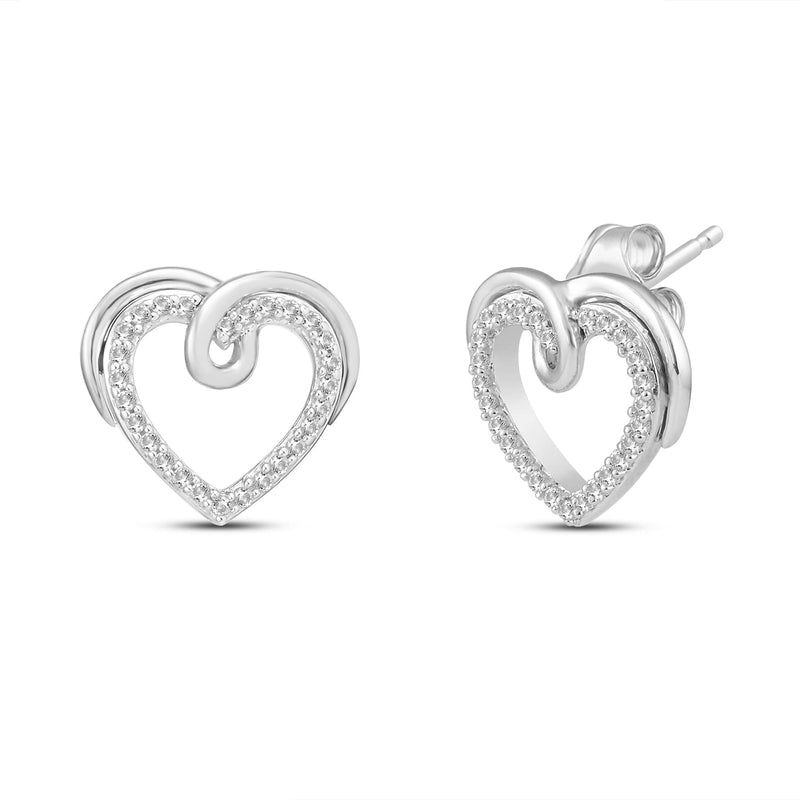 Jewelili Sterling Silver With 1/8 CTTW Natural White Diamond Heart Stud Earrings