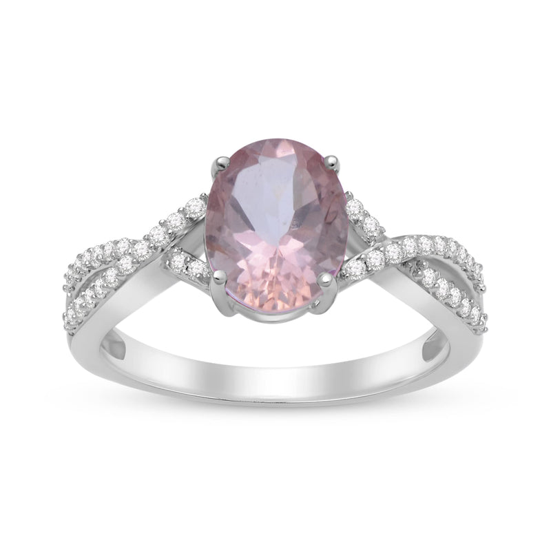 Jewelili Sterling Silver Oval Cut Morganite and Round Created White Sapphire Infinity Halo Engagement Ring