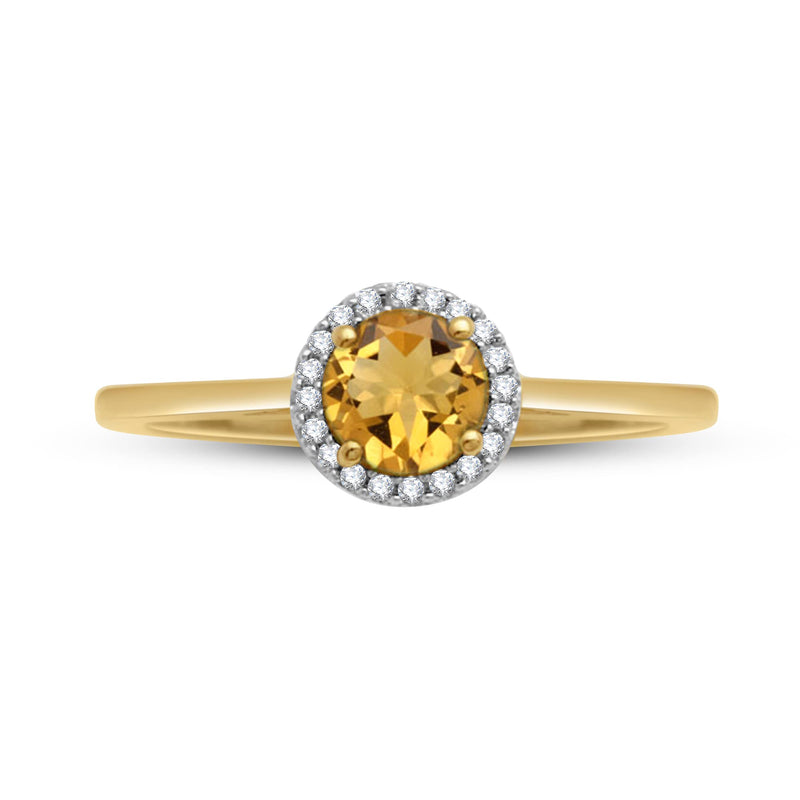 Jewelili 10K Yellow Gold With Genuine Citrine and Natural White Diamonds Halo Engagement Ring